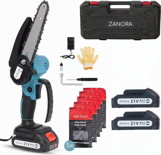 Zanora® Garden - Mini Kettingzaag - 15 cm Zaagblad - 2 Accu’s - 21V - Incl. 5 Kettingen van Merkloos	