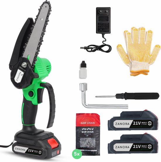 Zanora® Mini Kettingzaag 21V Inclusief 2 Led-Accu's - 15 cm Bladbreedte - Snoeizaag -Geschikt voor Makita Accu's - Inclusief 2 Kettingen - Takkenzaag van Zanora