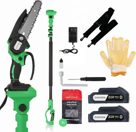Zanora® Mini Kettingzaag 21V + Telescoop Stang Inclusief 2 Led-Accu's- Inclusief 2 kettingen - Takkenzaag van Zanora