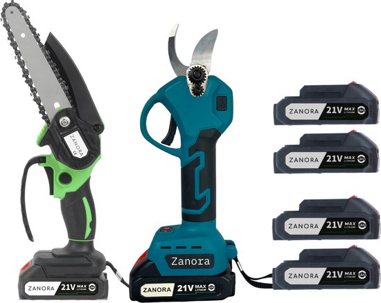 Zanora® Snoeiset - Mini Kettingzaag 21V + Elektrische Snoeischaar - Snoeizaag en Snoeischaar met 4 Accu’s - Voor Boomstammen tot 25cm en Takken tot 30mm - Draadloos en Krachtig van $