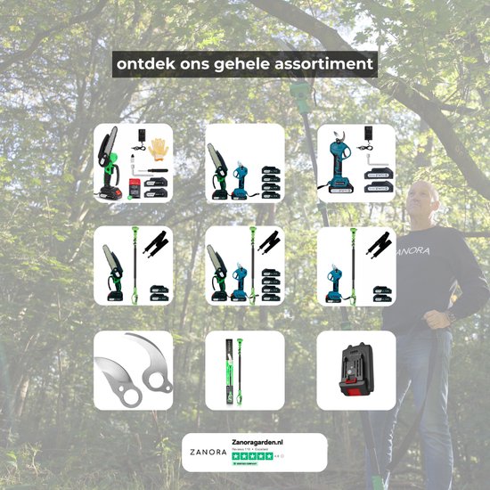 Zanora® snoeiset - Mini Kettingzaag + Elektrische Snoeischaar - Verstelbare Telescopische Extensie (2,5m) - Inclusief 4 Accu’s - Geschikt voor Hoge Takken en Precisiewerk van Zanora