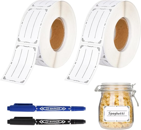 Zelfklevende etiketten voor potten - 1200 stuks kleverige labelstickers - 50 x 30 mm - etiketten op rol - met markeerpen - voor kantoor - keuken - supermarkt - koelkast - jam - kruidenpot van Merkloos	