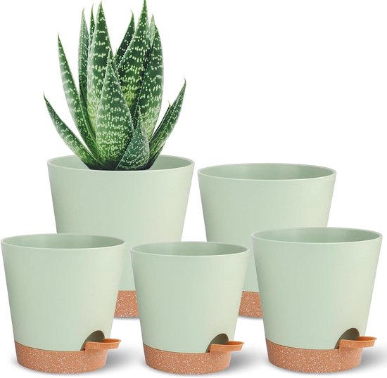 Zelfwaterende plantenset (geschikt voor buitenplanten) 7“/6,5”/6“/5,5”/5" Vijfdelige set voor kamerplanten Groene plastic potten voor binnen met afwateringsgaten Diepe troggen voor vetplanten van Merkloos	