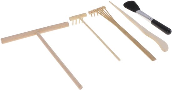 Zen Tuin Gereedschap - Mini Hark Set - Zand Vormen - Japanse Stijl - 5 Delig - Natuurlijk Hout