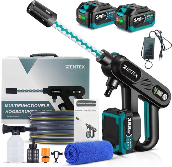 Zentex Hogedrukreiniger – Draadloos – Incl. Accu & Lader – 5-in-1 Sproeikop – Voor Auto, Tuin, Terras en Meer van Zentex