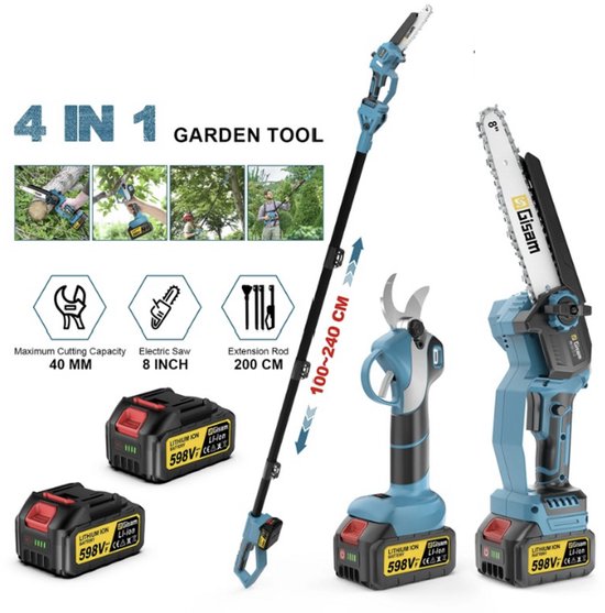 Zerova 4-in-1 Telescopisch Tuinset 18V - Tuingereedschap - Draadloze kettingzaak - Snoeischaar met verlengstuk - 2 Accu's - Blauw
