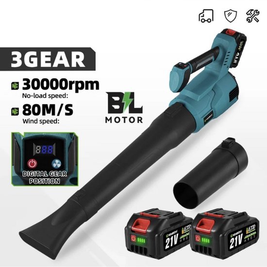Zerova Bladblazer met 3 versnelingen - Blazer - Blower - Voor blaadjes, sneeuw, stof, zand en auto - 30.000 RPM - 21 V - Aqua