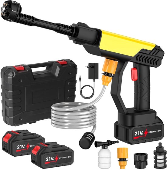 Zerova Electrische waterspuit - Hogedrukreiniger op accu - Hogedrukspuit - Terrasreiniger - 21V - 6-in-1 Sproeikop - Zwart