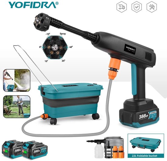 Zerova Electrische waterspuit - Hogedrukreiniger op accu - Hogedrukspuit - Terrasreiniger - 22L opvouwbare wateremmer - Zwart