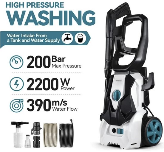Zerova Hogedrukreiniger 200 Bar - Electrische waterspuit - Hogedrukreiniger op accu - Hogedrukspuit - Terrasreiniger - Wit-