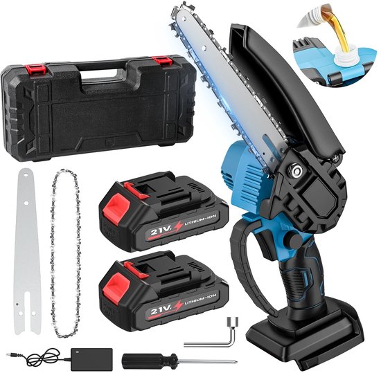 Zerova Kettingzaag Accu 21V - Motorzaag - Boomzaag Electrische - Draagbare mini kettinzaag - Bomen en Takken - 2 Accu's - Blauw