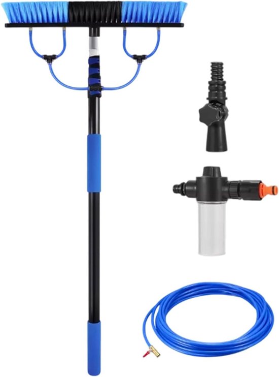 Zonnepaneel-reinigingsborstel, verstelbare watertelescoopsteel met vijf meter lengte, 5 meter telescopische zonneborstel met zeepdispenser en 10 waterslang, voor thuis, buiten, dak, windbescherming