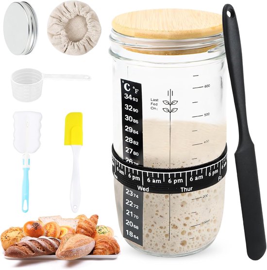 Zuurdeeg starterset - 900 ml zuurdesemglas met houten deksel - aluminium kap - elastiek - thermometerpapier - siliconen spatel - stoffen hoed - etiket - maatlepel - mixmes voor broodbakken - fermenteren en bakken van Merkloos	
