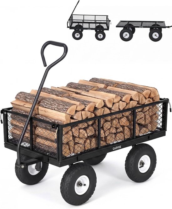 Zware Stalen Bolderkar met Afneembare Zijwanden - 363 kg Draagvermogen - 4-Wiels Tuinkar met 10" Luchtbanden - Verrijdbare Transportkar voor Tuin, Hout & Boerderij - Zwart
