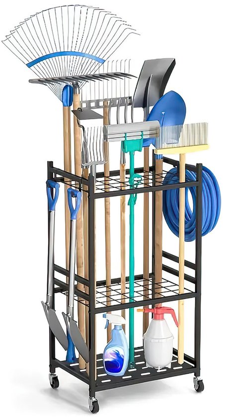 Zware Stalen Tuingereedschap Opbergrek met Haken en Wielen - Roestbestendige Gereedschapsorganizer voor Tuin en Garage - Zwart