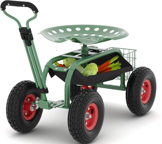 Zware tuinwagen met 360° draaibare zitting - verstelbaar handvat en opbergmand voor tuingereedschap