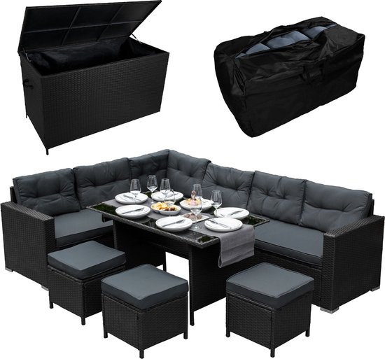 Zwart Rattan Hoek Dining Set & Tuinopbergbox 9-Zitter L Bank Krukken Glazen Tafel Grote Kussens Meubelkist 582L Buiten Patio Stalen Frame UV-bestendig GRATIS Waterdichte Draagtas & Regenhoes van Tectake