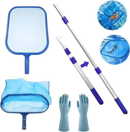 Zwembadnetset, telescoopstang + 34 cm diep vijverschepnet, met telescoopstang en rubberen handschoen, voor zwembad, vijver, spa, aquarium, kinderbadje, whirlpool