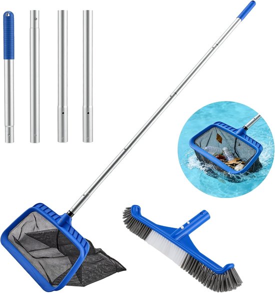 Zwembadreinigingsset met telescoopstang, 44,5 cm zwembadborstel en fijnmazig zwembadnet, aluminium telescoopstang, brede skimmer voor zwembad, vijver, opbouwzwembad