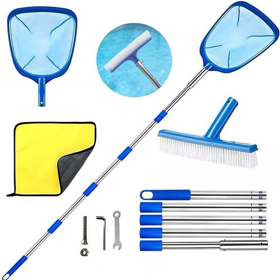 Zwembadschepnet met telescoopstang, zwembadschepnet met zwembadborstel, vijverschepnet fijnmazig, bladschepnet, zwembadreinigingsset voor zwembad, spas, vijver, whirlpool, kinderbadje (220cm)