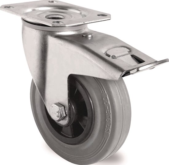 Zwenkwiel met rem D.80mm draagvermogen 70kg met plaat rollagers VG grijs TECWERK